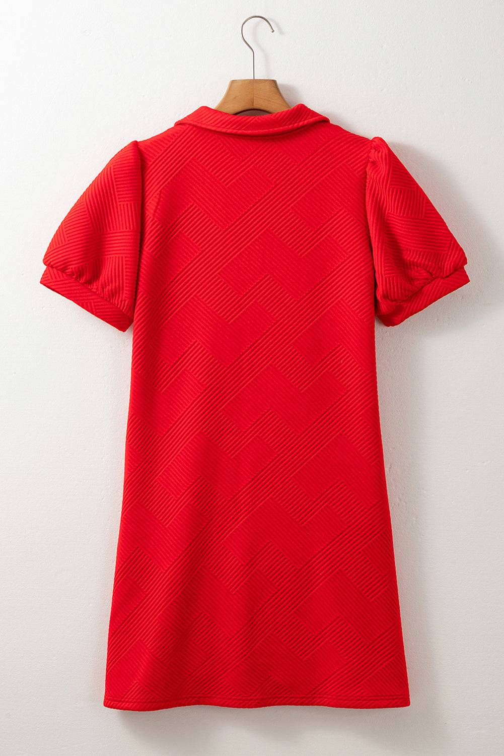 Fiery Red Heart Shape Patchwork Textured Collared V Neck Mini Dress