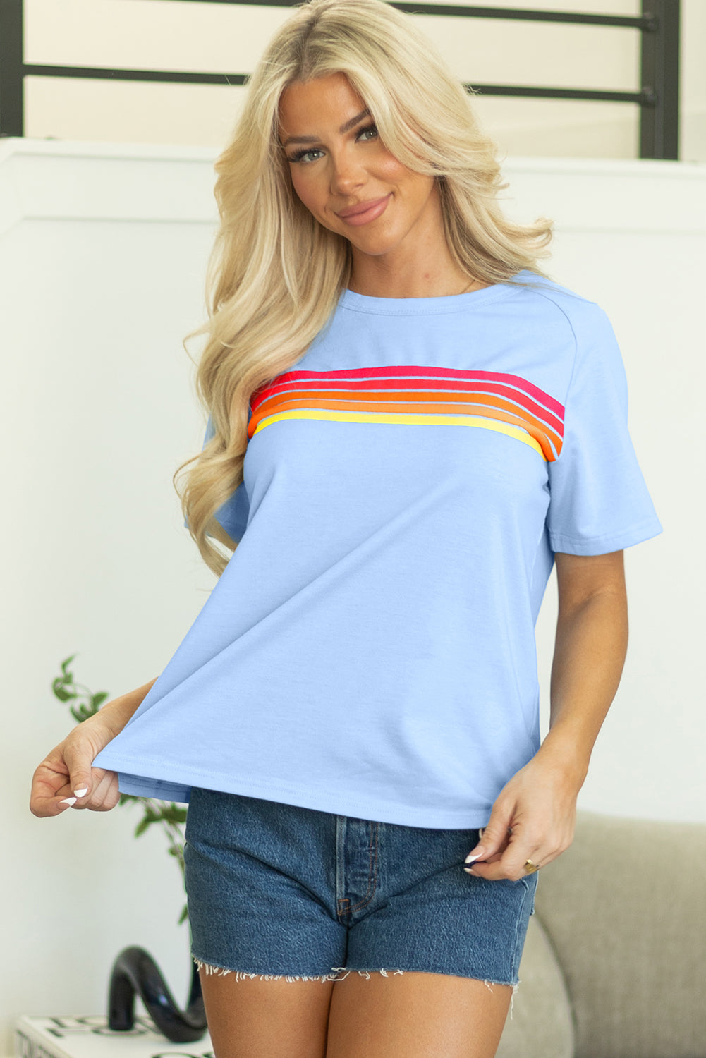 Solid Color Striped Patch Front Casual Tee