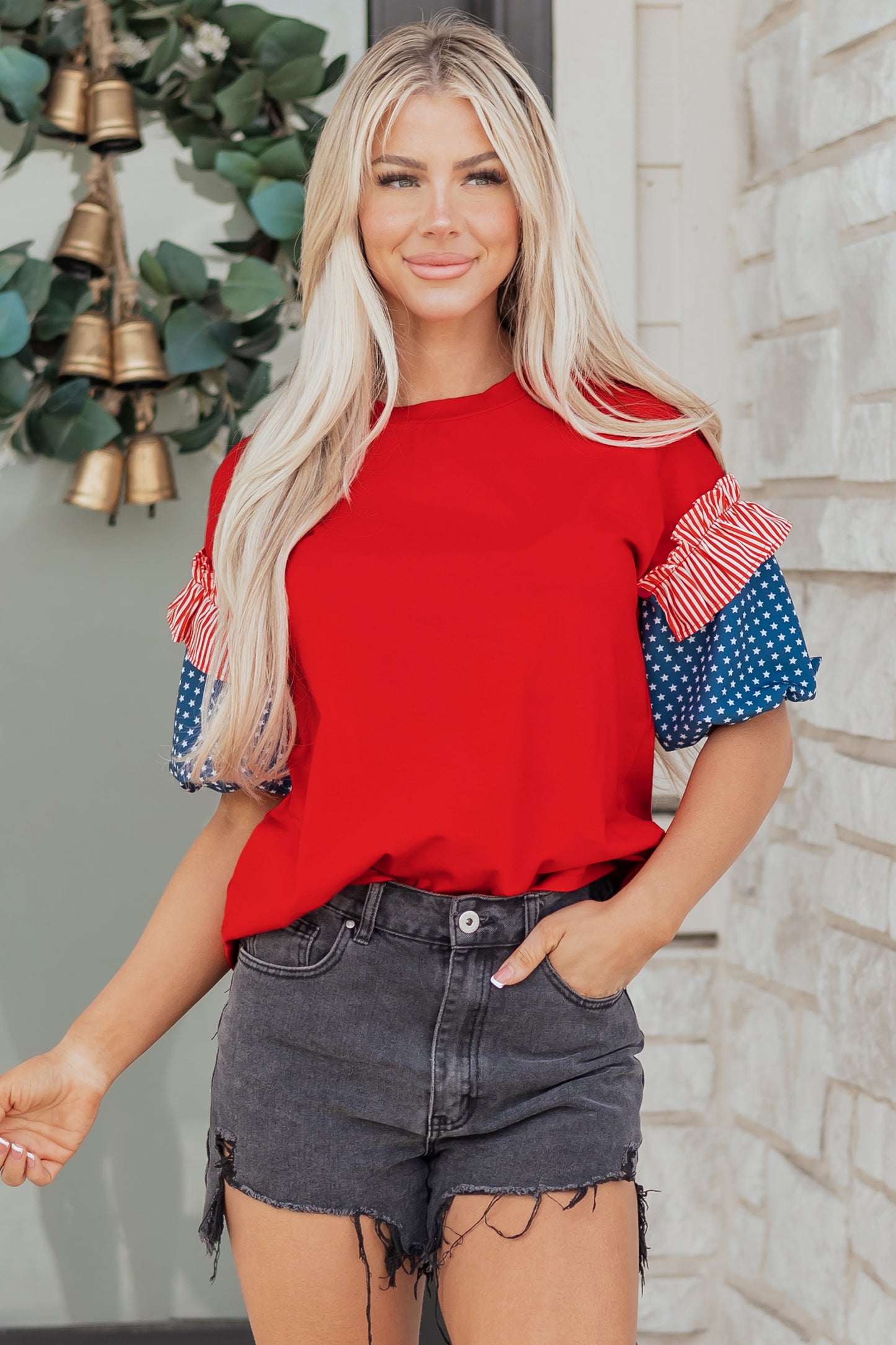 Fiery Red Stars Stripes Short Puff Sleeve Top