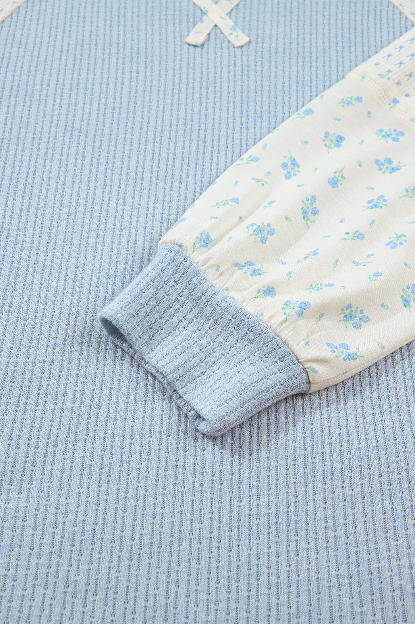 Beau Blue Textured Knit Color Block Floral Patchwork Long Sleeve Top