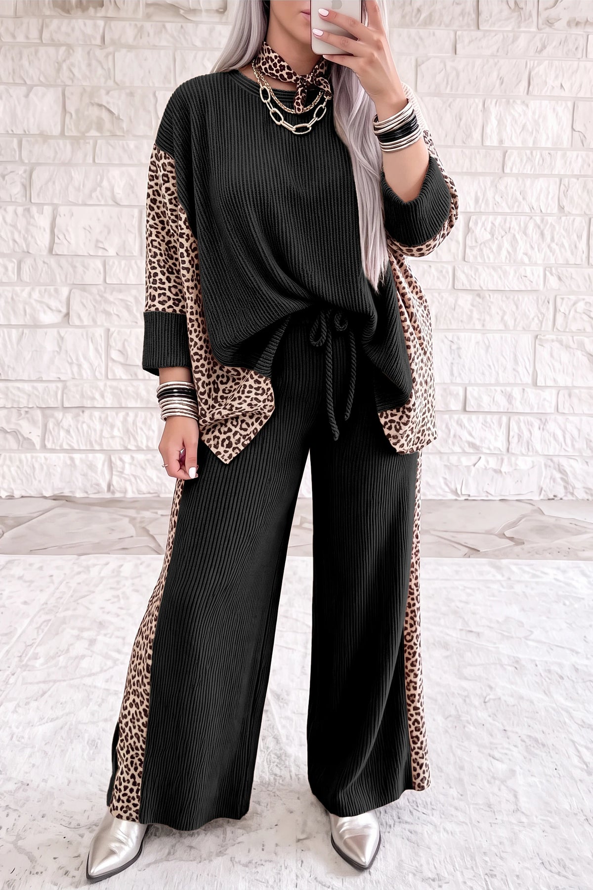 Parchment Leopard Print Twisted Ribbed Patchwork Long Sleeve Top Loose Pant Set