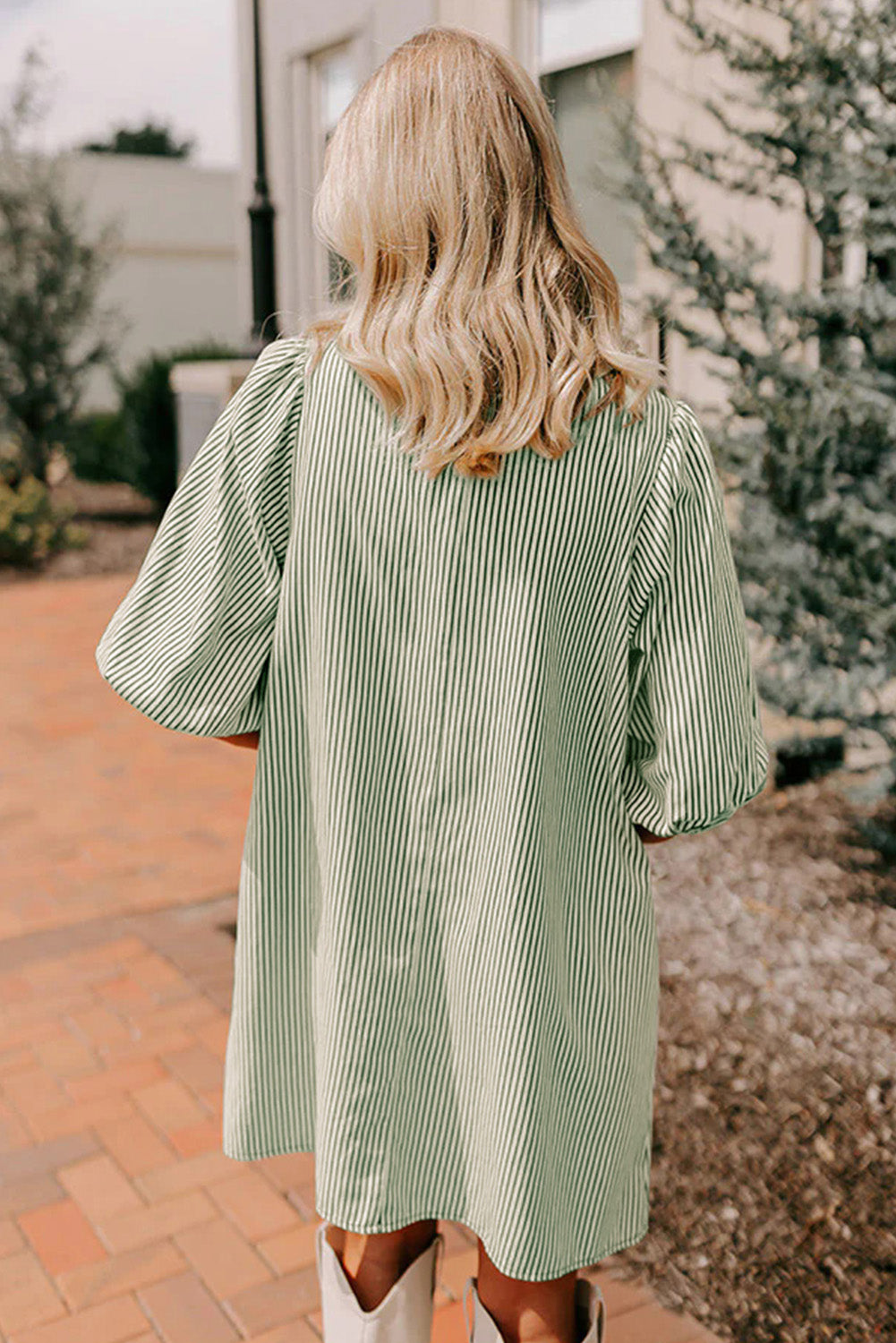 Sky Blue Stripe Color Block Patchwork Shirt Collar Button Down Puff Sleeve Mini Dress