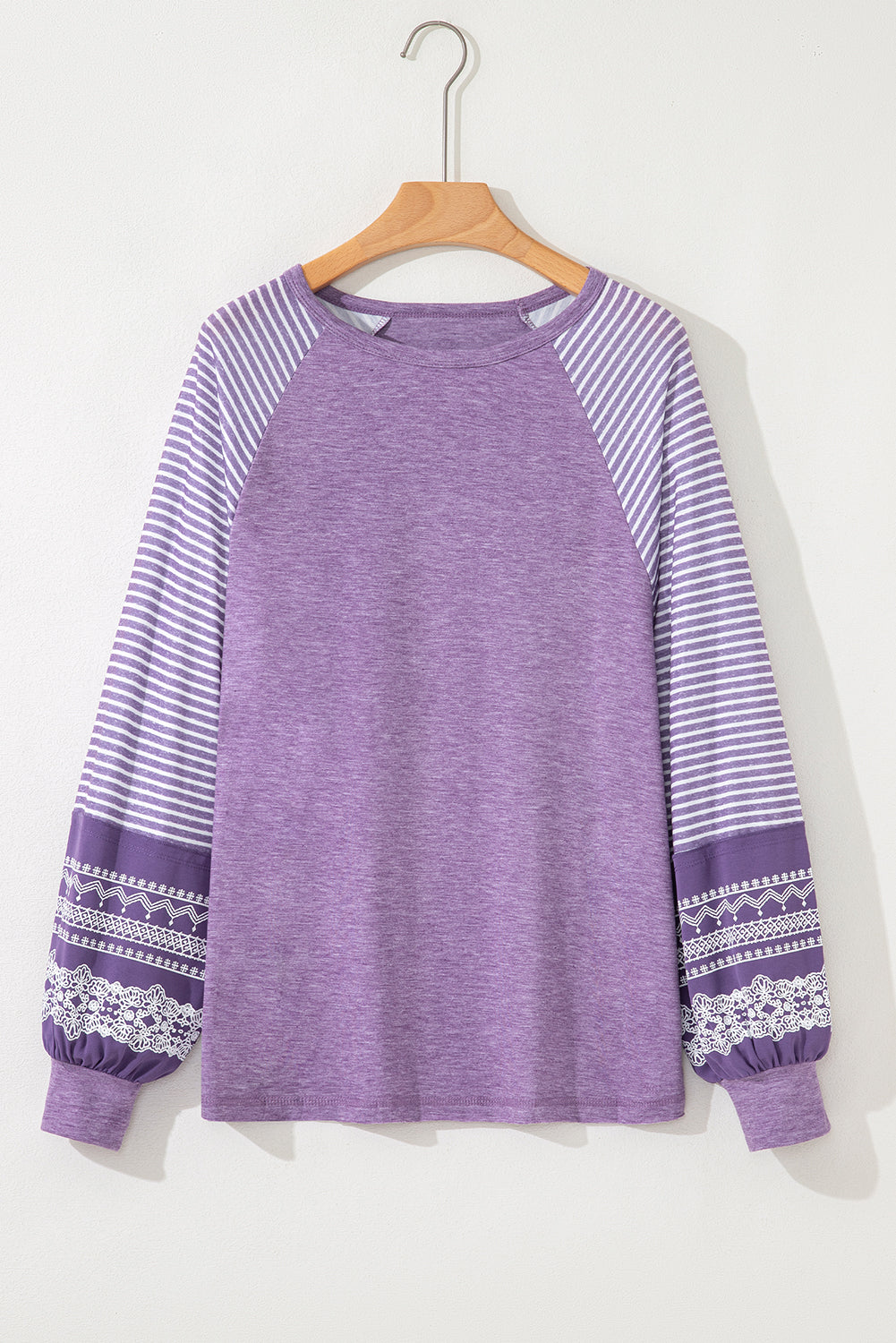 Tillandsia Purple Contrast Print Striped Raglan Long Sleeve Loose Top