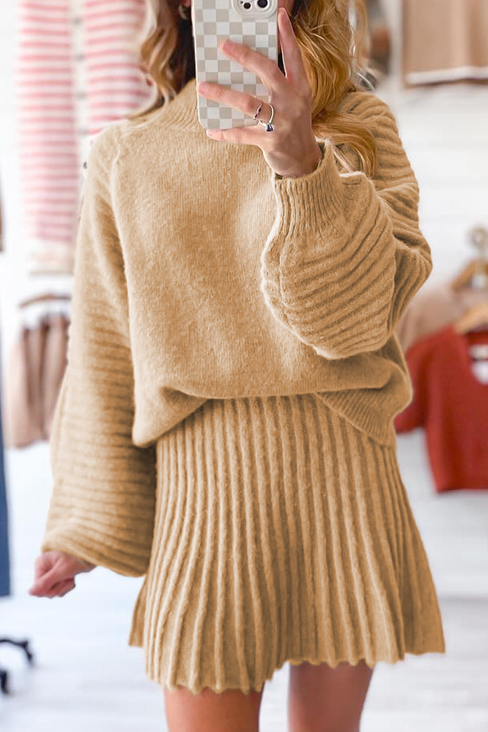 Smoke Gray High Neck Puff Sleeve Sweater Pleated Mini Skirt 2pcs Knitted Outfit