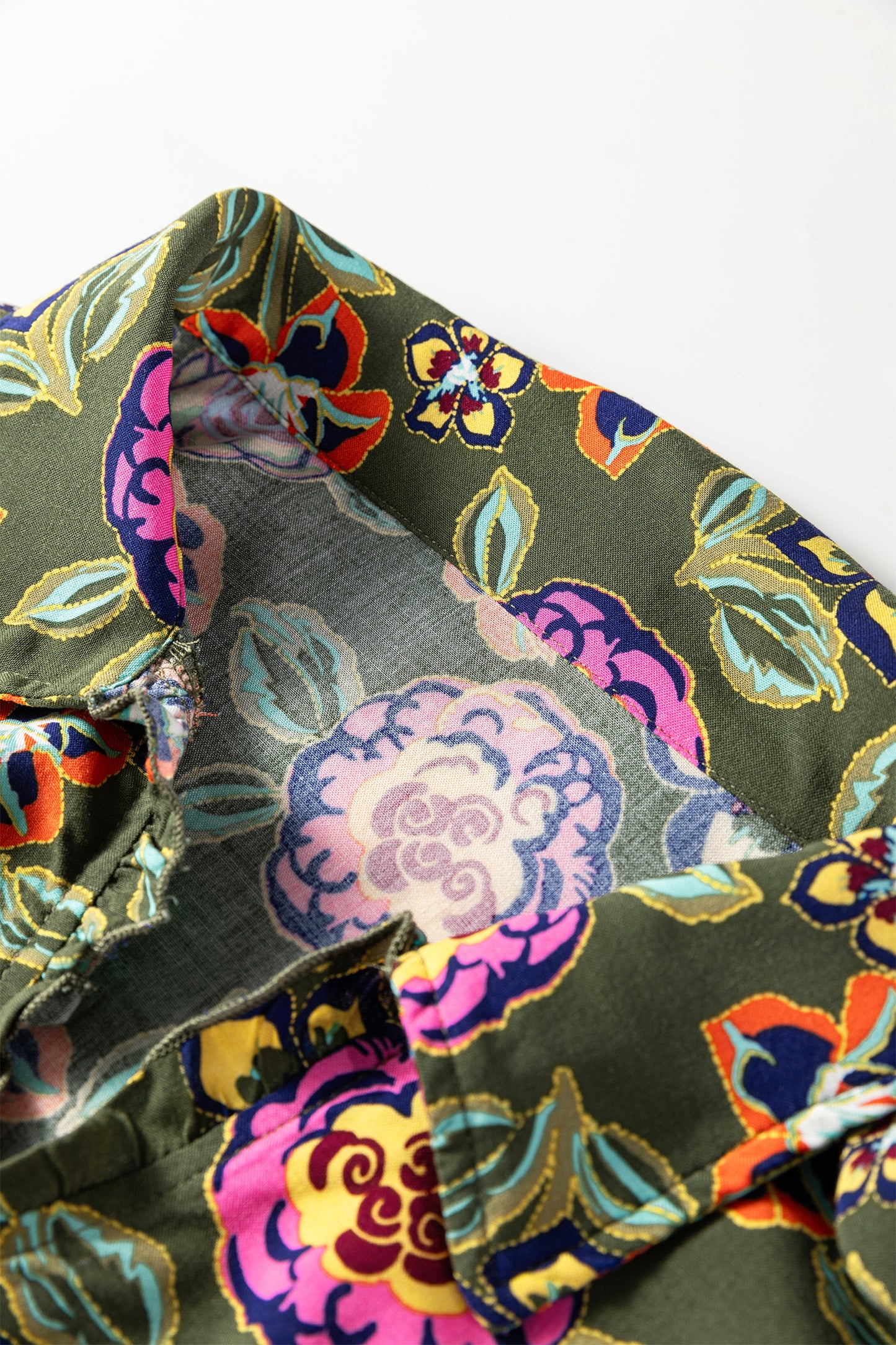 Green Plus Size Floral Print Collared V Neck Loose Mini Dress