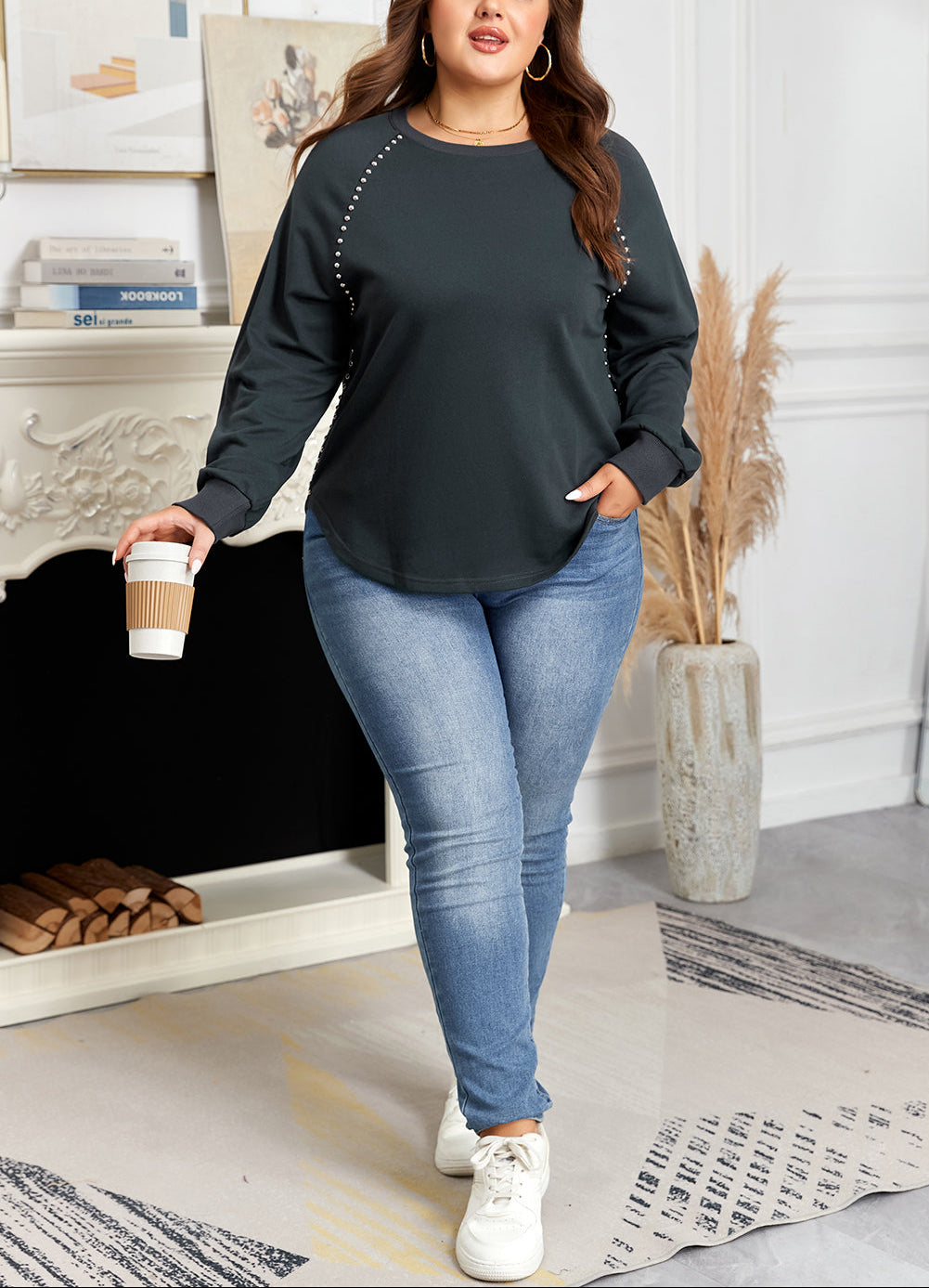 Black Studded Decor Ribbed Edge Mineral Wash Plus Size Jumper