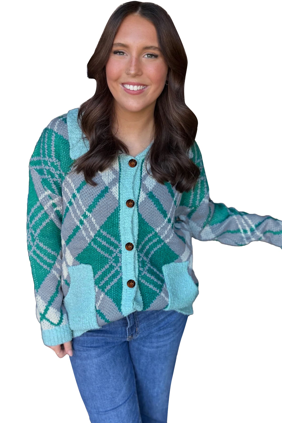 Green Plaid V Neck Long Sleeve Shift Cardigan Sweater