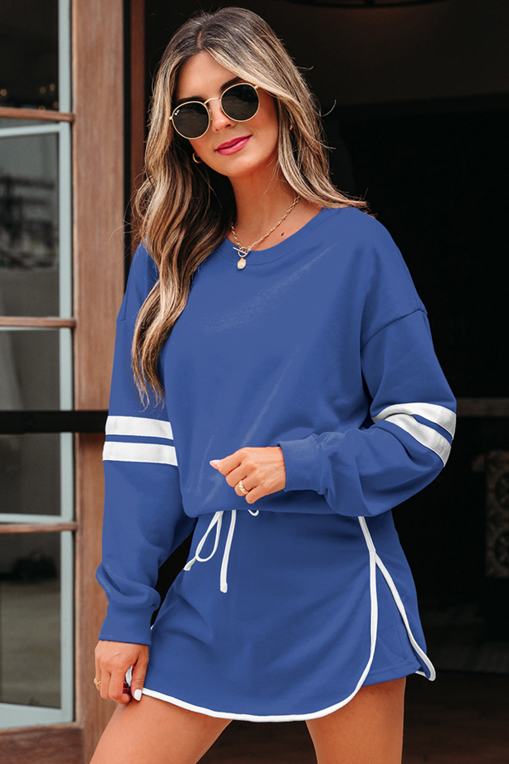 Orange Varsity Stripe Detail Drop Shoulder Pullover Mini Skirt Set