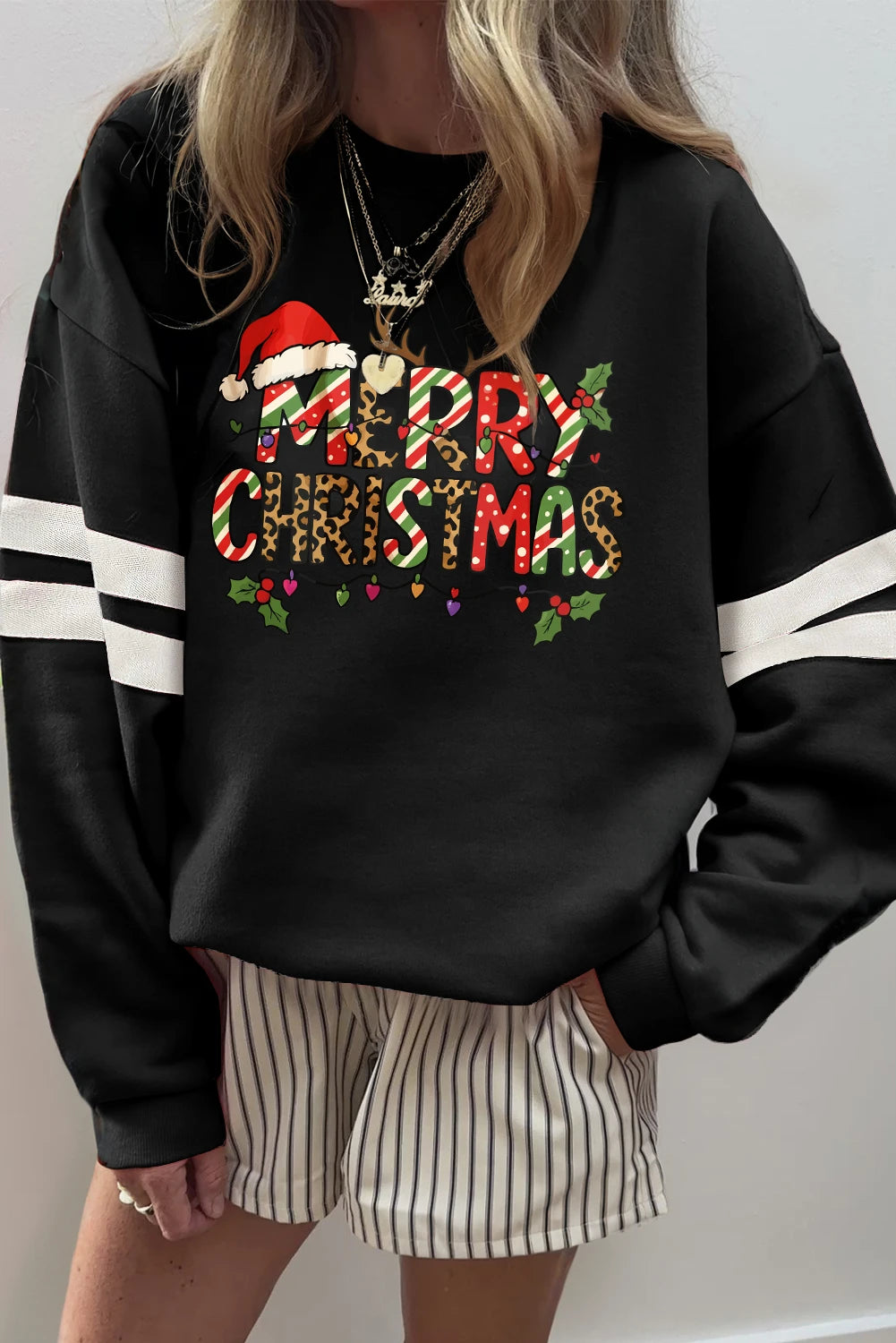 Black MERRY CHRISTMAS Trendy Print Varsity Sweatshirt