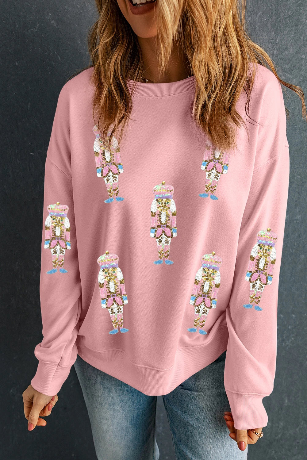 Pink Sequin Nutcracker Christmas Pullover Sweatshirt