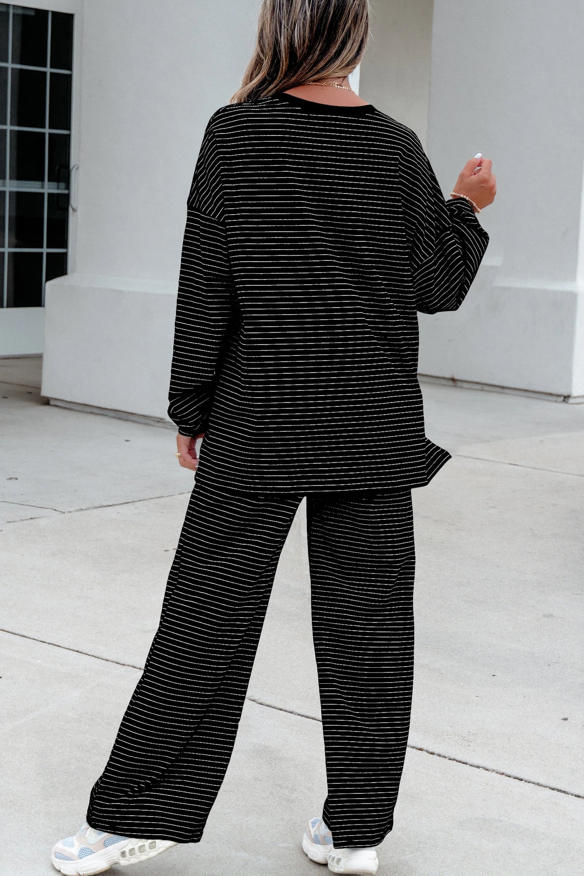 Green Stripe Dropped Shoulder Long Sleeve Top Elastic Waist Pants Casual 2pcs Set