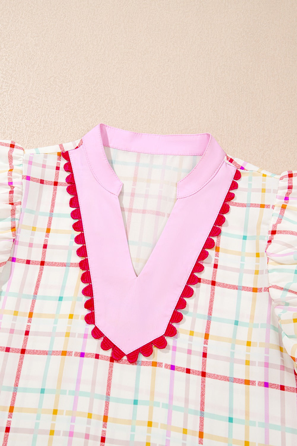 White Plaid Flutter Sleeve Colorblock Ric Rac Split V Neck Blouse