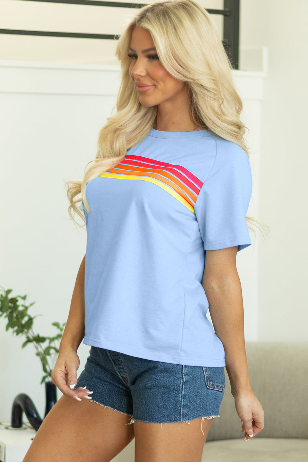 Solid Color Striped Patch Front Casual Tee