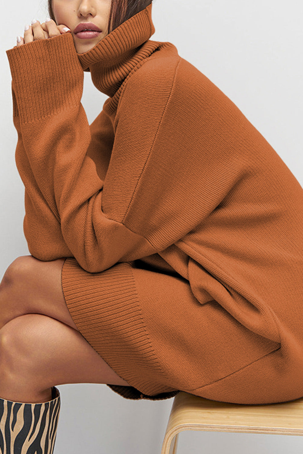 Gold Flame Solid Color Turtleneck Drop Shoulder Loose Sweater Dress