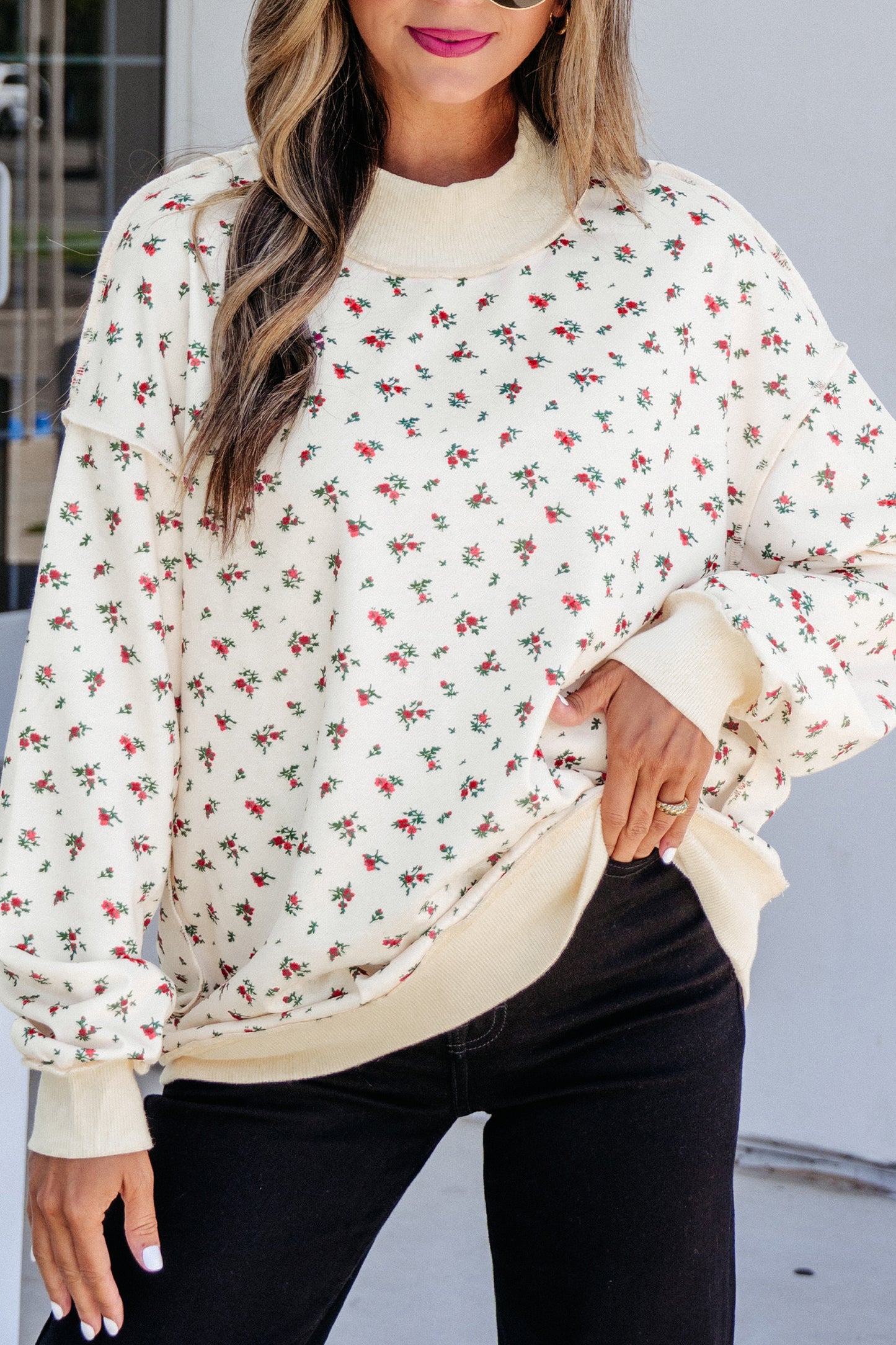 Beige Ribbed High Neck Patchwork Floral Print Baggy Pullover Sweatshirt