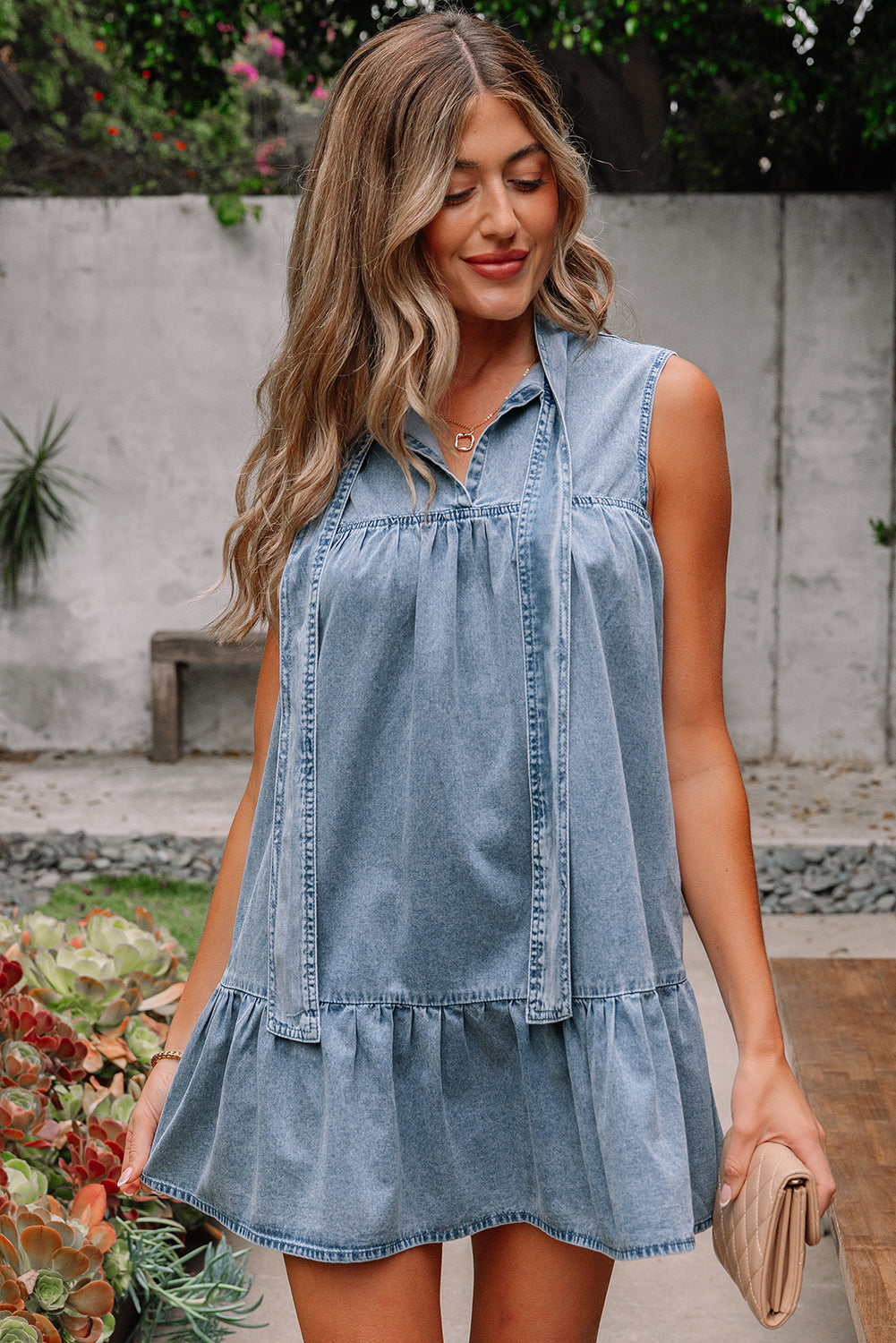 Beau Blue Bowknot Neck Sleeveless Ruffled Chambray Dress