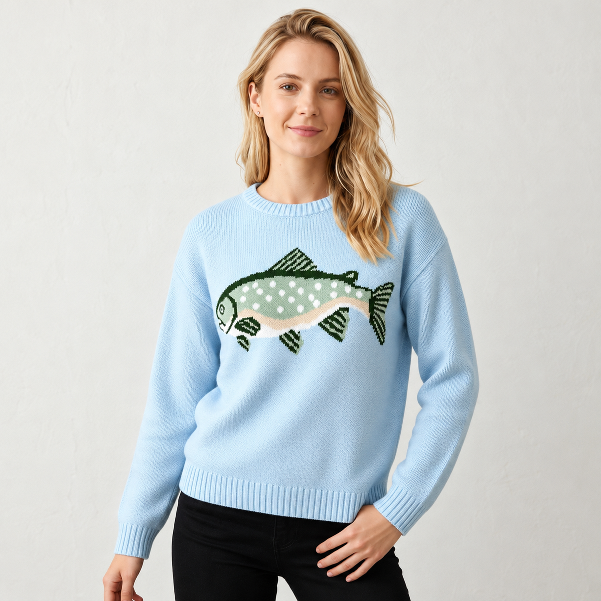 Women's Oversized Crew Neck Fish Graphic Knit Sweater