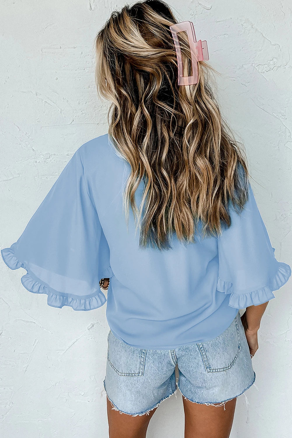 Myosotis Frilly Round Neck Wide Half Sleeve Blouse
