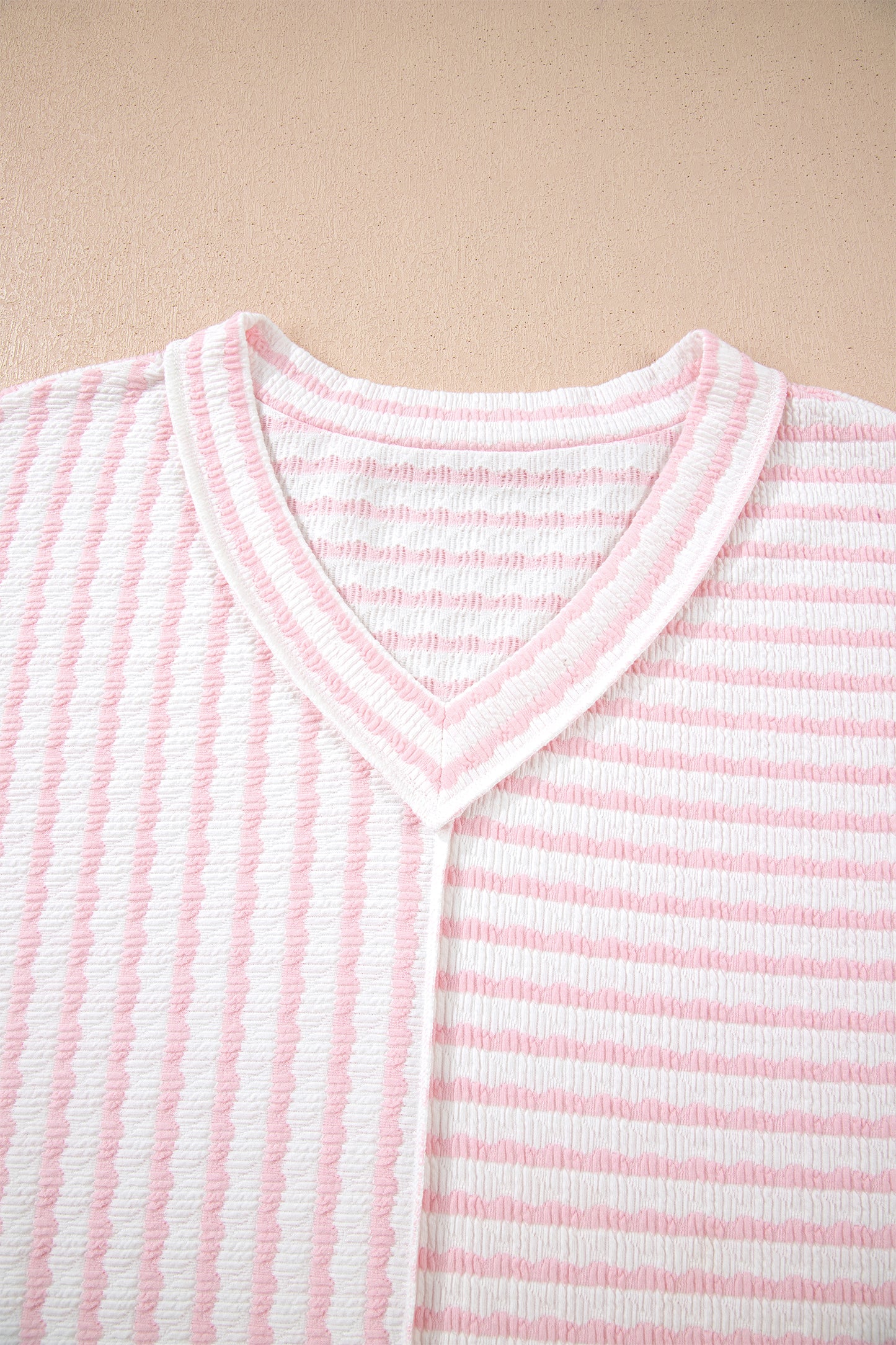 Pink Stripe Plus Size V Neck Exposed Seam Patchwork T Shirt