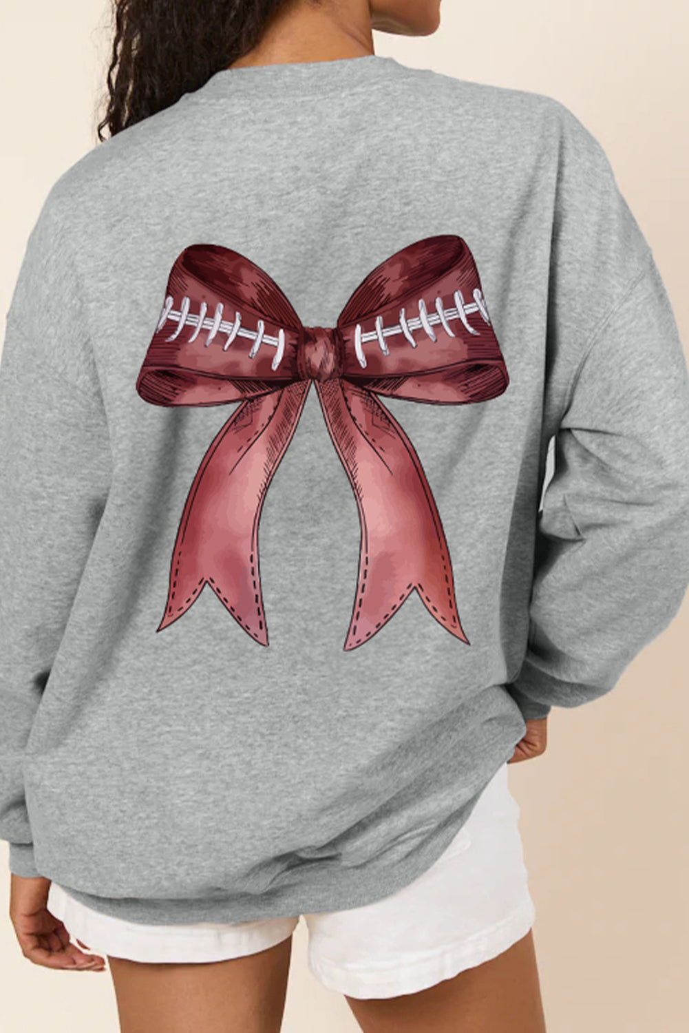 Gray Football Bow Print Drop Shoulder Pullover Sweatshirt
