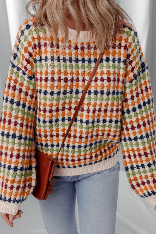 Dotty Striped Pattern Knit Drop Shoulder Sweater