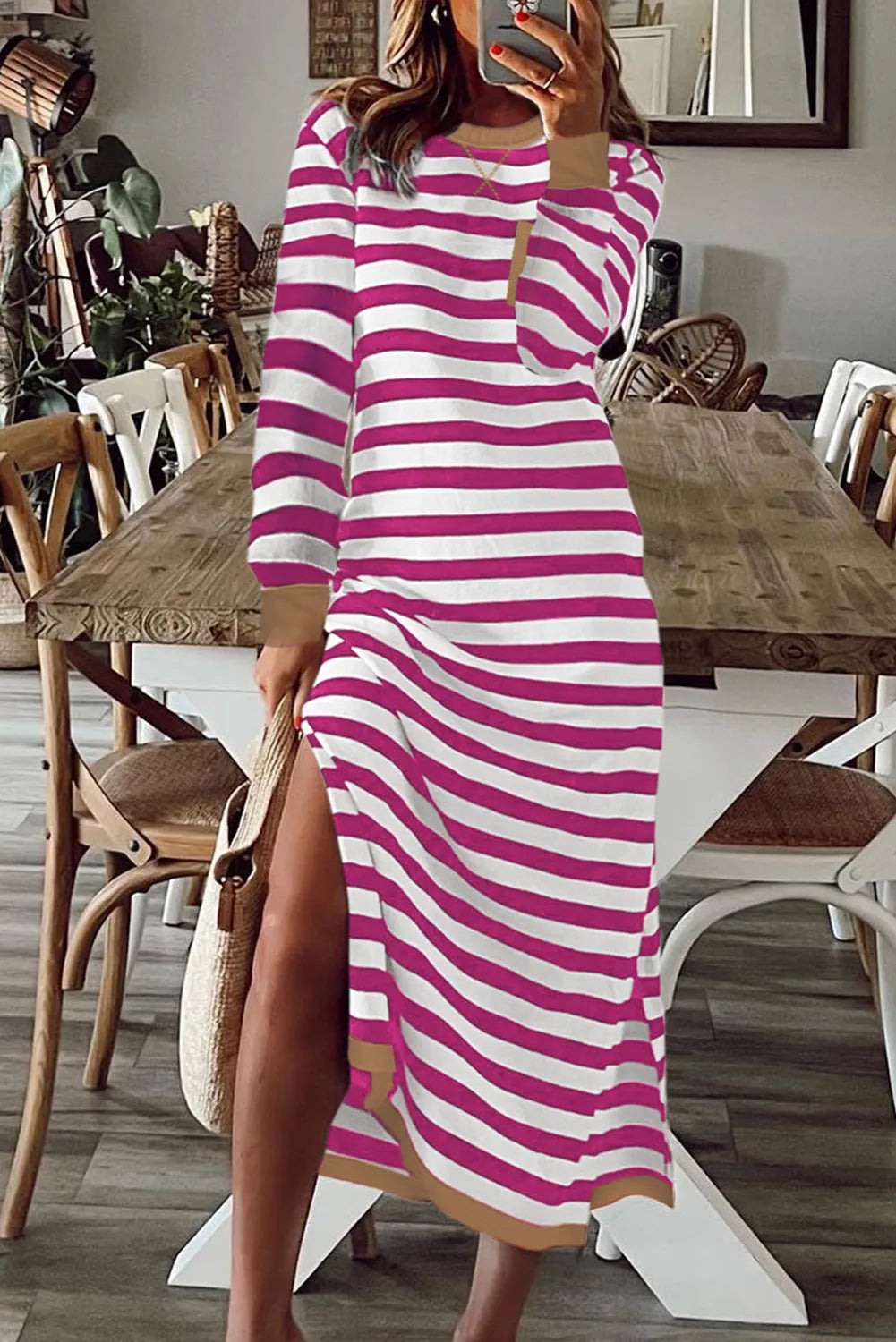 Striped Print Contrast Edge Long Sleeve Midi Dress with Side Splits