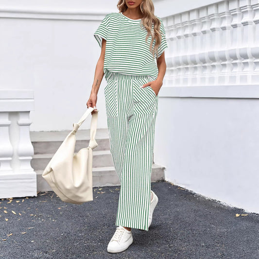 Striped Wide Leg Pants Set Casual Summer Lounge Outfit