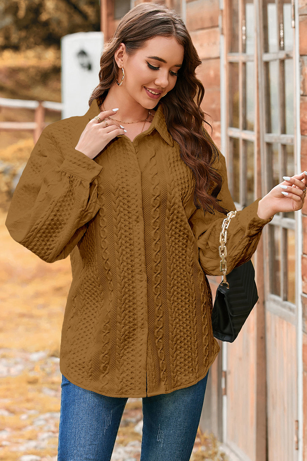 Blackish Green Cable Texture Puff Sleeve Loose Shacket
