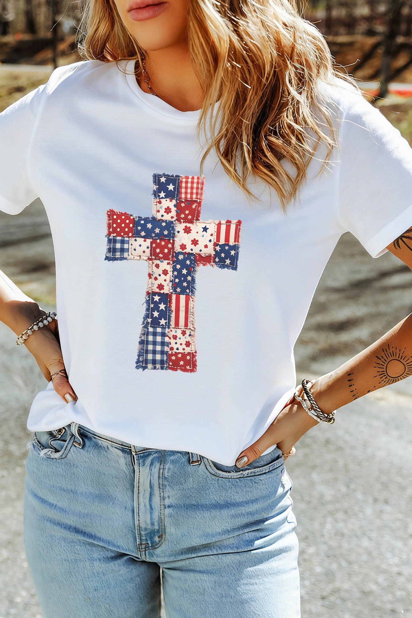 White Faux Patchwork Print Patriotic Cross Tee