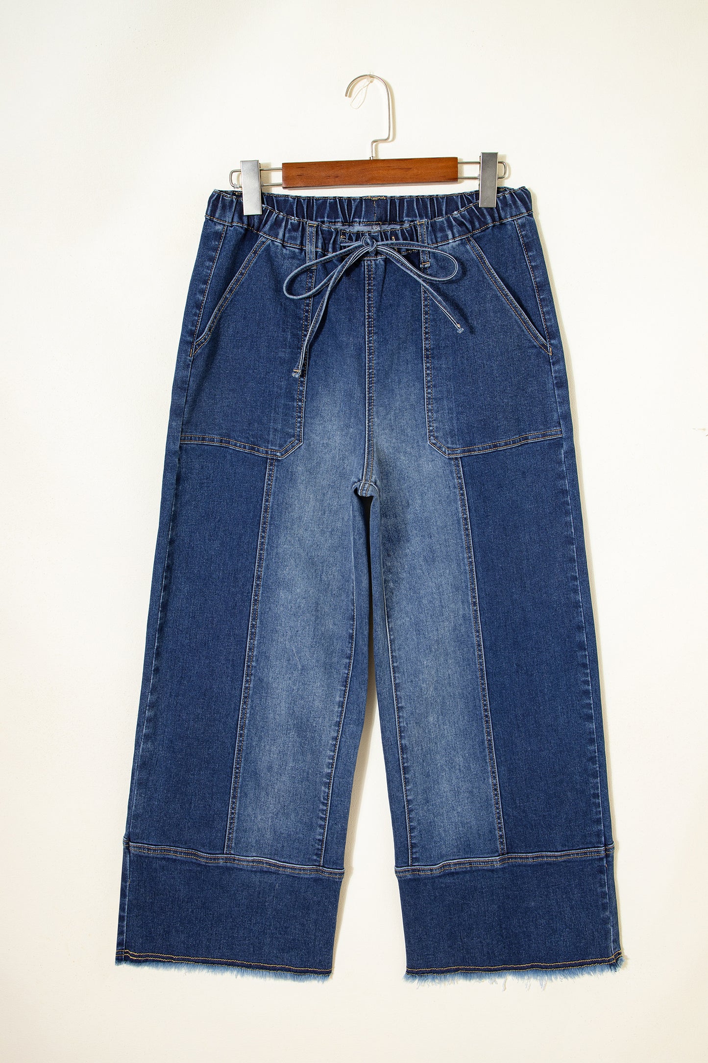 Beau Blue Drawstring Seam Detail Raw Hem Wide Leg Denim Pants