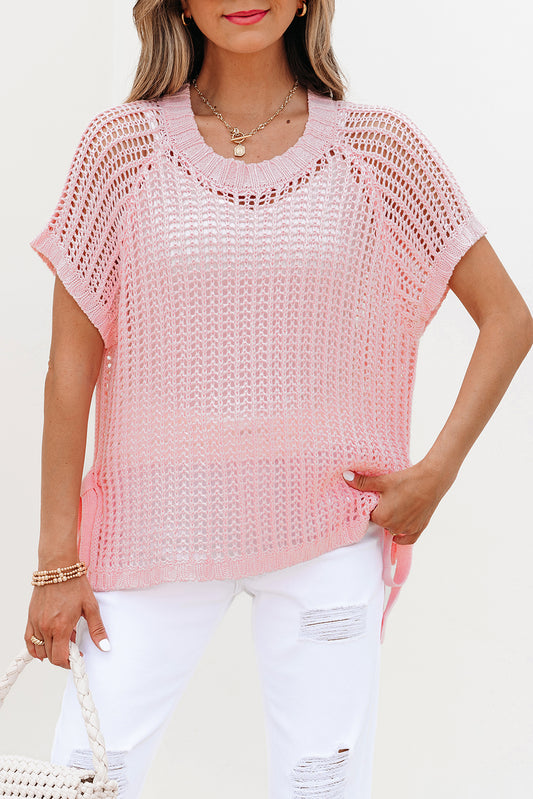 Pink Hollow-out Crochet Side Tied Short Sleeve Sweater