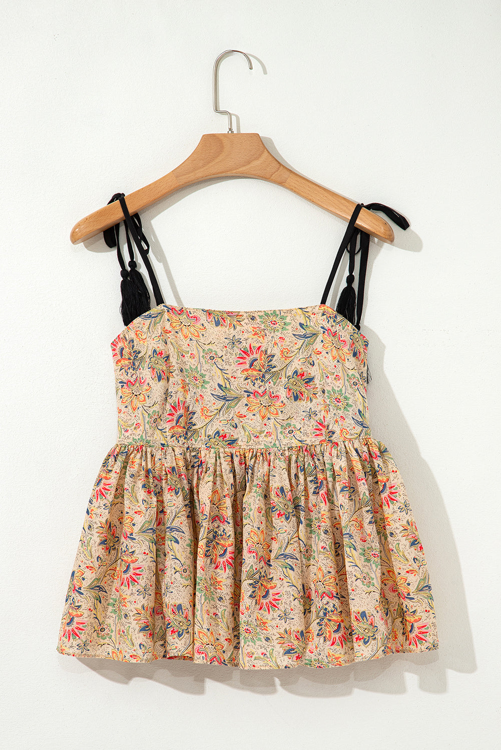 Apricot Floral Print Spaghetti Straps Ruffled Peplum Tank Top