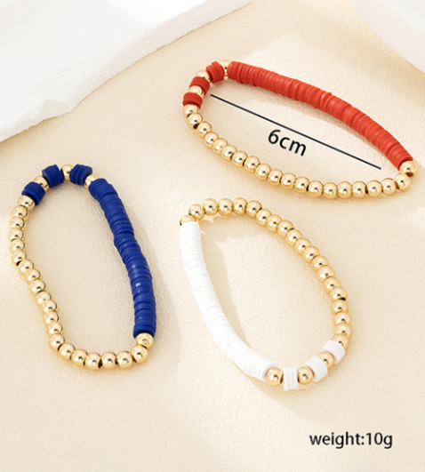 Gold US Flag Theme Beaded Triple Layer Bracelets