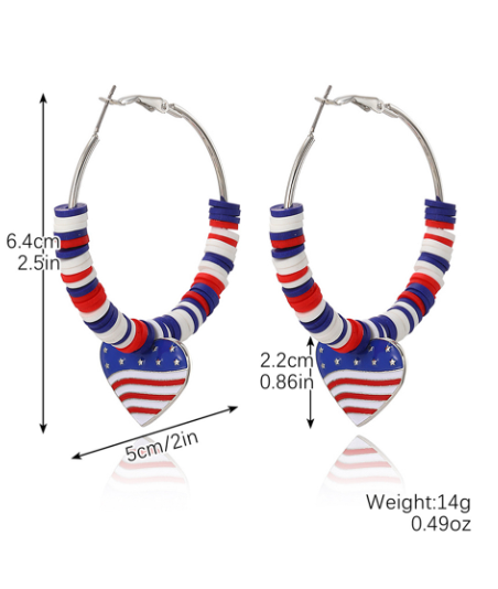 Silvery US Flag Heart Pendant Beaded Big Hoop Earrings