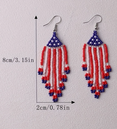 Fiery Red American Flag Beaded Fringed Hook Earrings