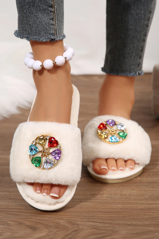 White Daring Rhinestone Embellished Detail Open Toe Plush Slippers