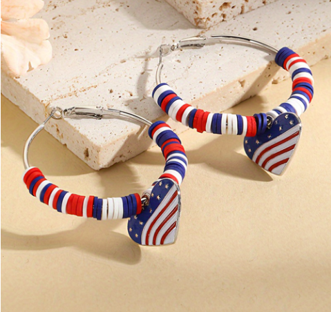 Silvery US Flag Heart Pendant Beaded Big Hoop Earrings