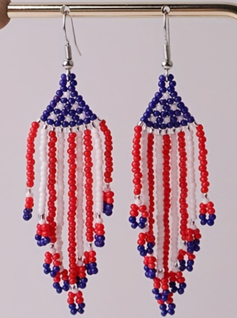 Fiery Red American Flag Beaded Fringed Hook Earrings