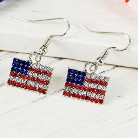 Fiery Red Rhinestone USA Flag Squared Drop Earrings