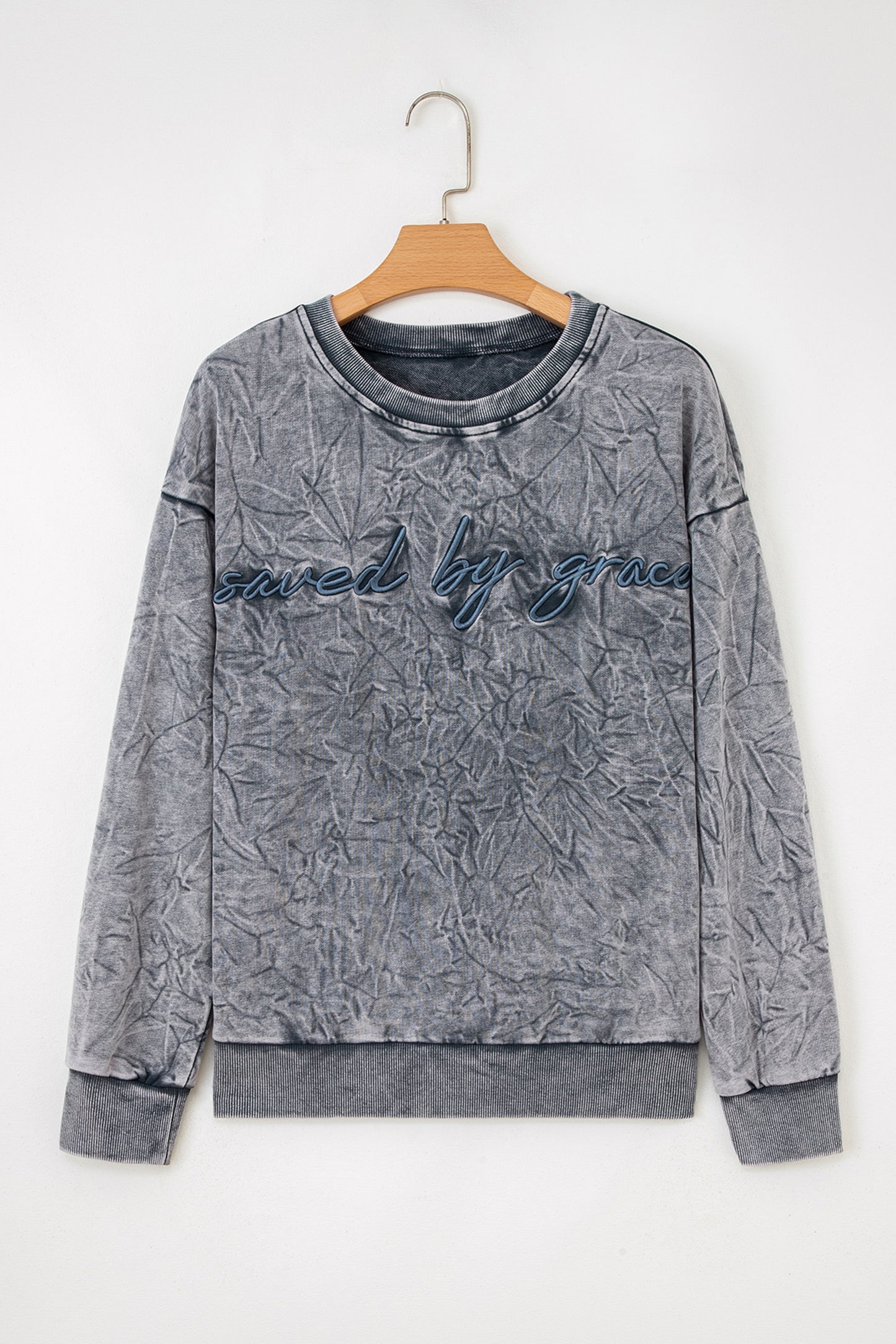 Saved by grace Letter Embroidery Mineral Wash Loose Sweatshirt