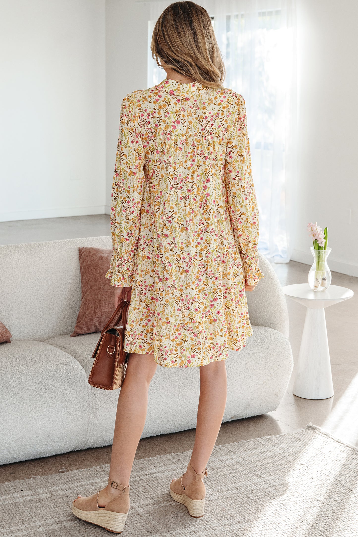 Yellow Floral Print Frilly Trim Smocked Cuff Long Sleeve Loose Shirt Dress
