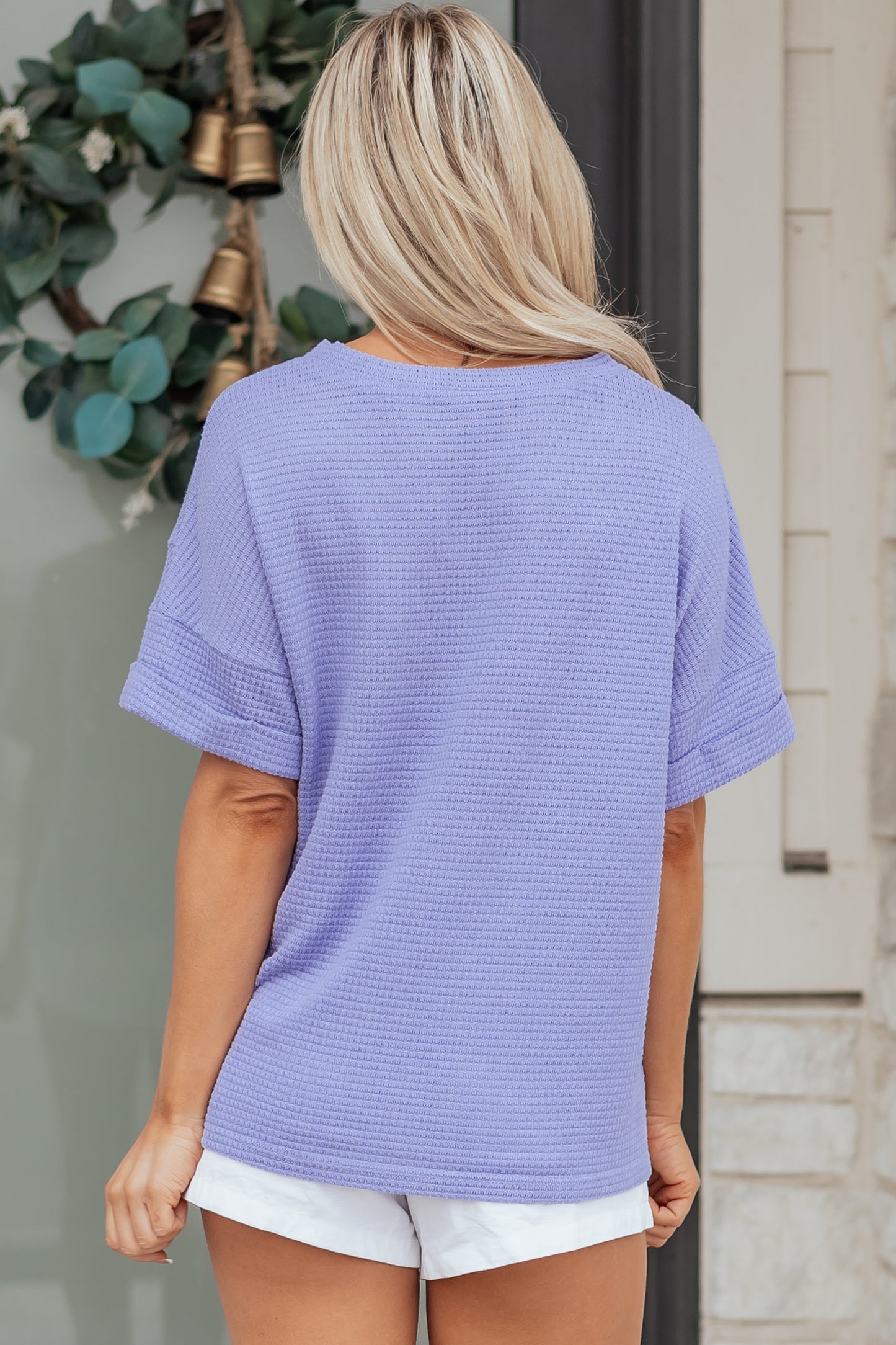 Clearly Aqua Waffle V Neck Short Sleeve Knit Top