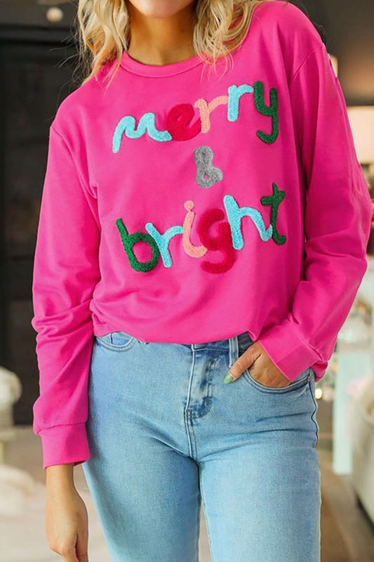 Rose Red Merry & Bright Christmas Letter Graphic Sweatshirt