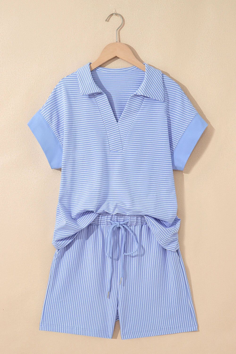 shop similar  shop similar  shop similar  shop similar  shop similar  shop similar  shop similar  shop similar  shop similar  shop similar  shop similar  shop similar  shop similar  Sky Blue Stripe Dolman Sleeve Polo Shirt and Drawstring Shorts Set
