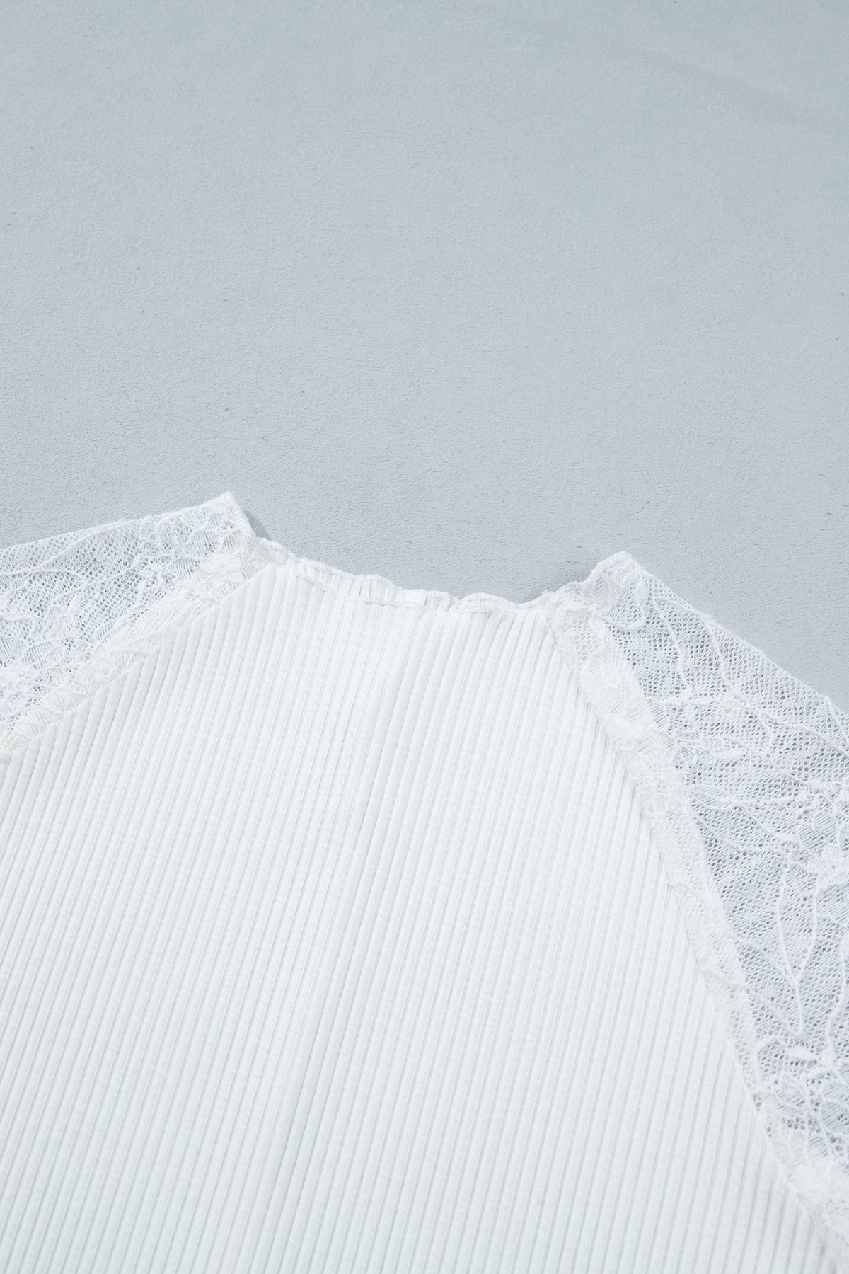 Beige Sheer Lace Long Sleeve Ribbed Slim Top
