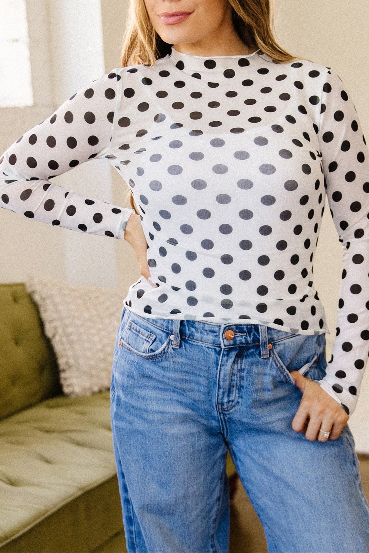 White Polka Dot Mesh Long Sleeve Stand Neck Sheath Top