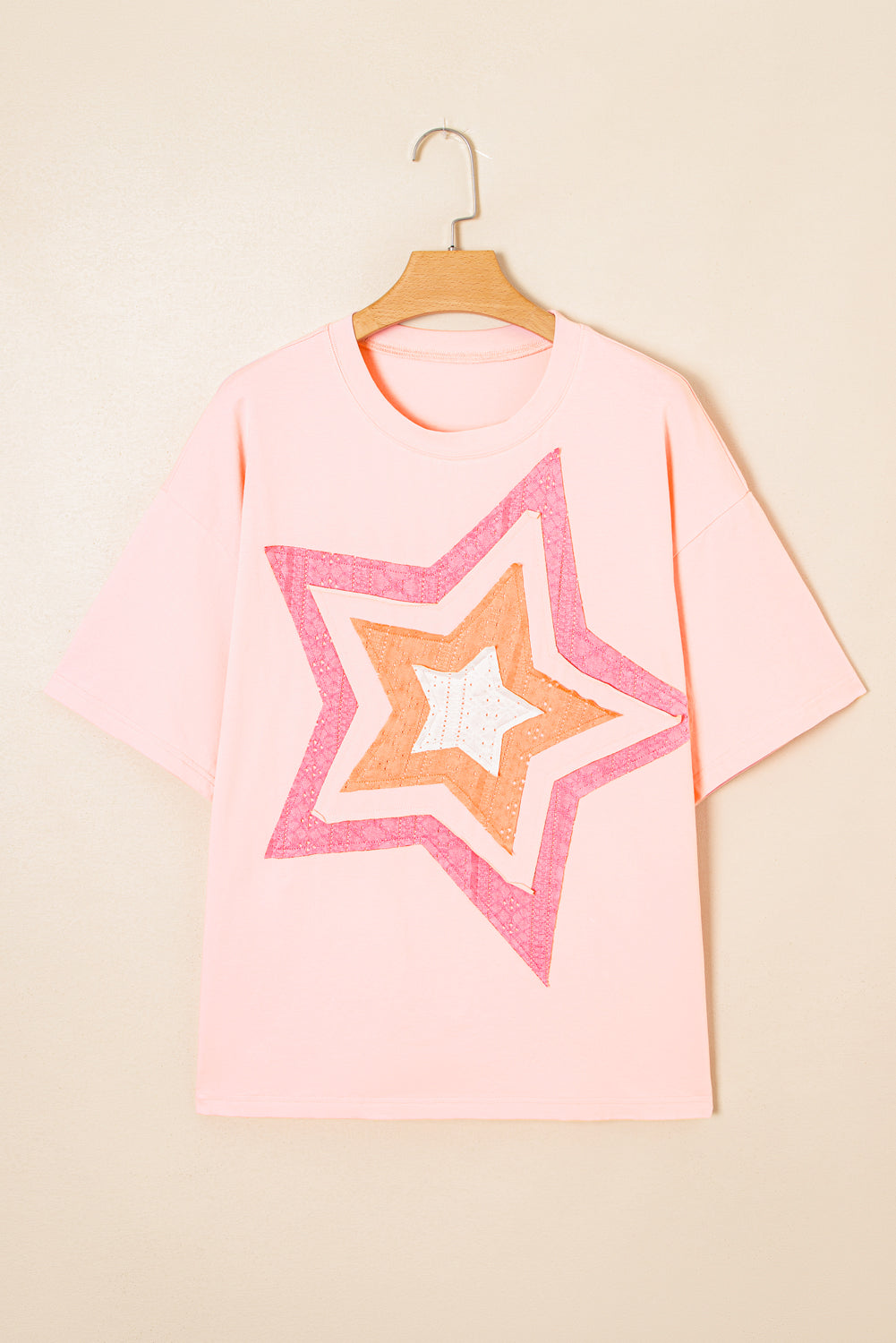 Light Pink Eyelet Lace Star Applique Plus Size T Shirt