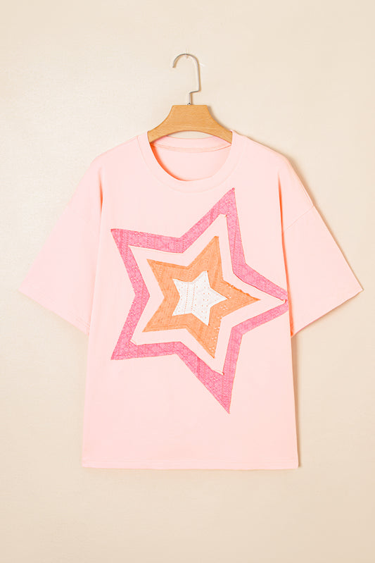 Light Pink Eyelet Lace Star Applique Plus Size T Shirt
