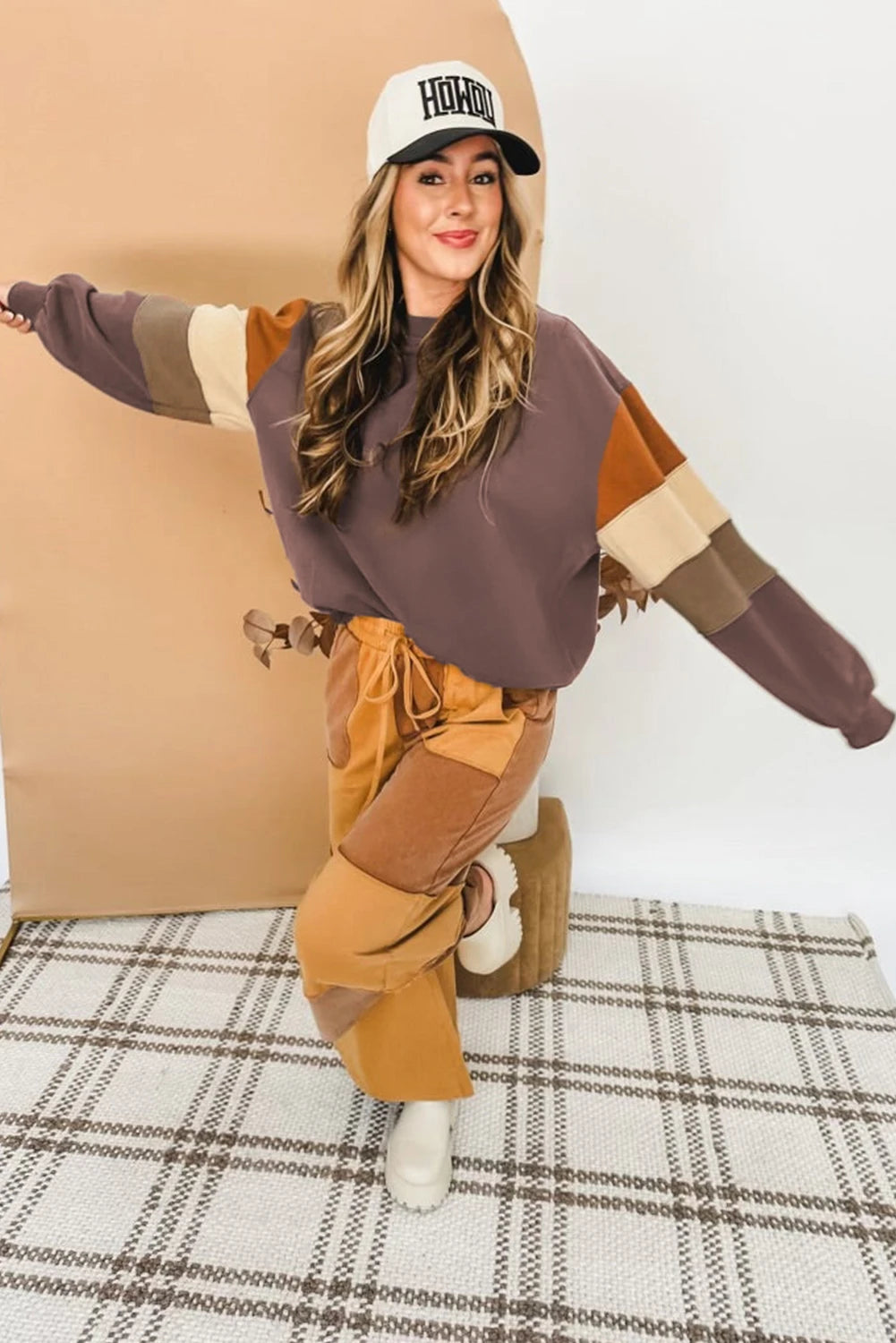 Dark Khaki Color Block Drop Shoulder Pullover Casual Sweatshirt