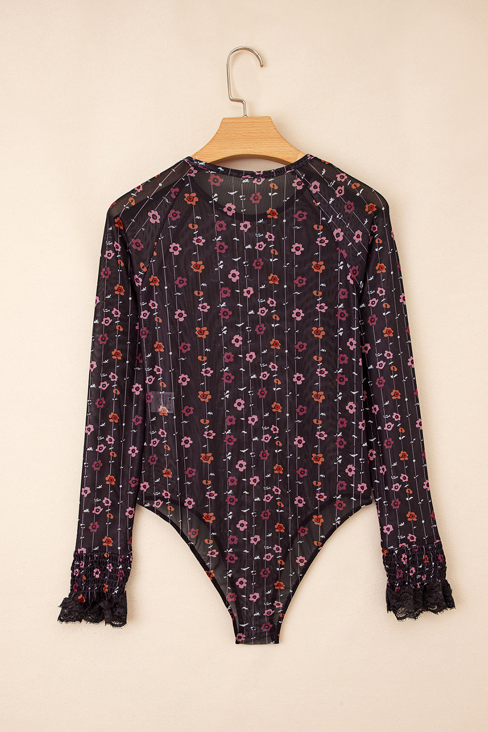 Black Floral Print Smocked Cuff Slim Fit Mesh Bodysuit